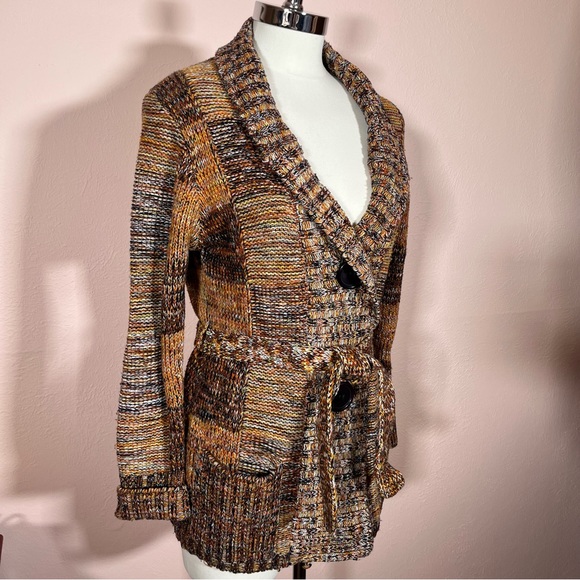 Vintage 60 70 Mod Patchwork Plaid Brown Burnt Orange Tie waist Cardigan Sweater - Picture 16 of 16